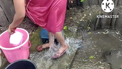 Indian House Wife Bathing Outside