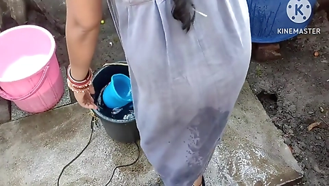 Indian Bathing Outside With Hot Boobs