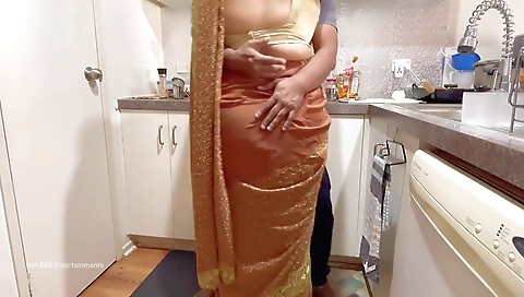Indian Couple Romance In The Kitchen - Saree Sex - Saree Lifted Up, Ass Spanked Boobs Press